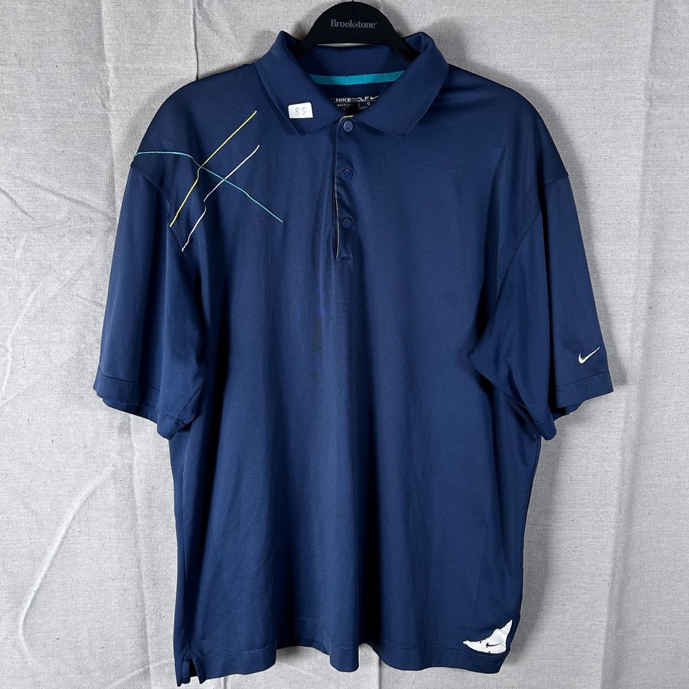 Nike Golf Fit‎ Dry Polo Shirt Mens Large Navy Blue Graphic Snap Placket Swoosh